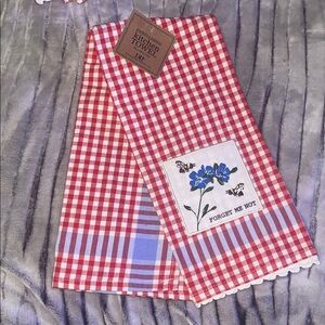 Red Gingham 'Forget Me Not' Embroidered Kitchen Towel
